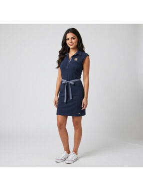 IKKS Navy Polo Dress with Embroidered Crest and Polka-Dot Satin Lining, Size M